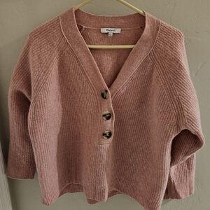 Madewell Women's Lyle Ribbed V-Neck Henley Sweater Pink Merino Wool Blend XL